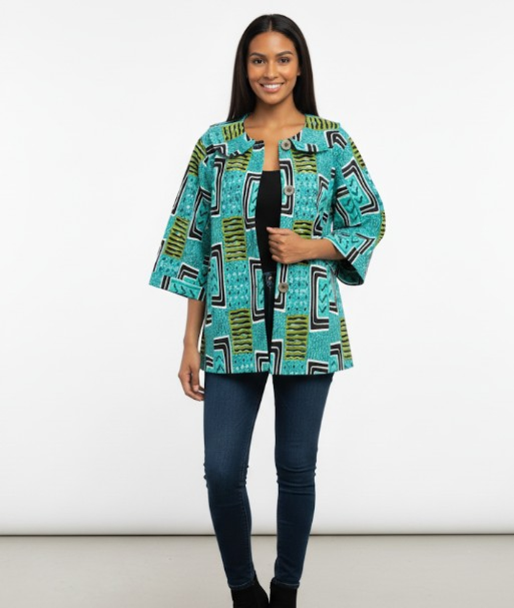  Geometric Print Wide-Sleeve Kimono Jacket